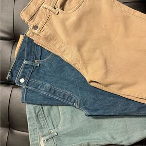 Set of Three Casual Pants in Tan, Blue, and Green